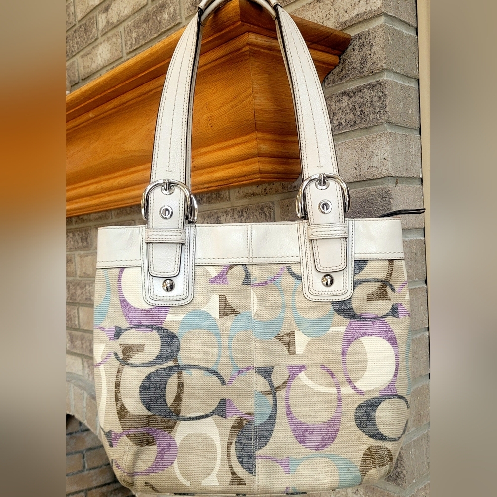 Coach Soho Linen Op Art Tote #16591 White Leather Purple Satin Interior - Picture 14 of 14